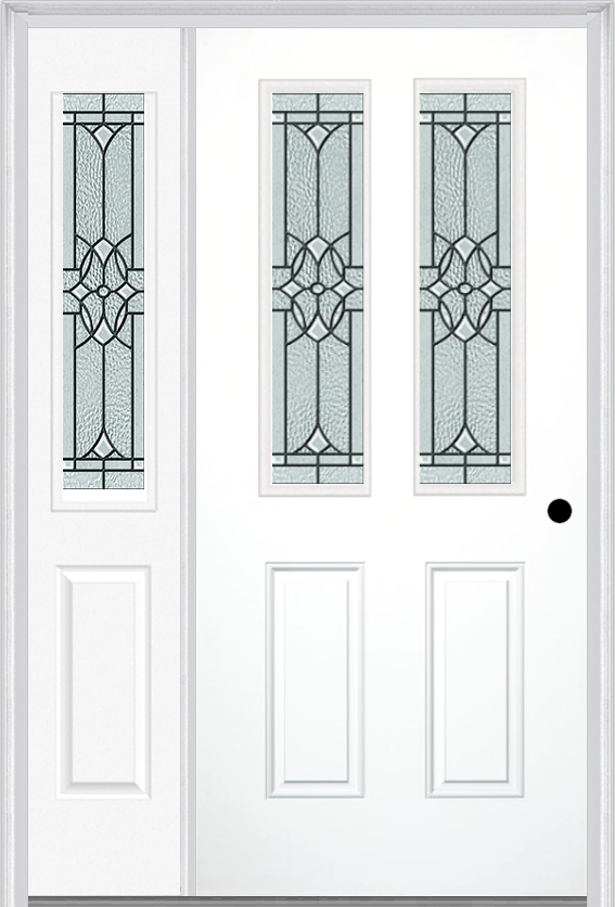 MMI 2-1/2 Lite 2 Panel 6'8" Fiberglass Smooth Selwyn Patina Exterior Prehung Door With 1 Half Lite Selwyn Patina Decorative Glass Sidelight 692